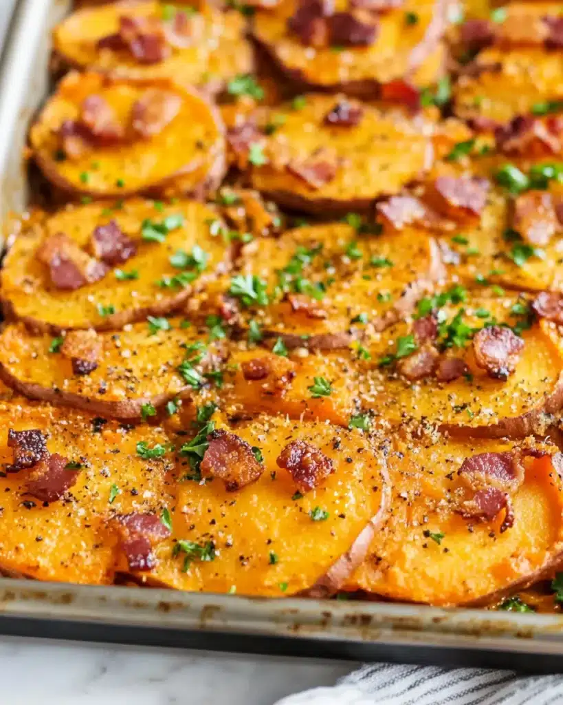 Garlic Parm Sweet Potato Bake Recipe