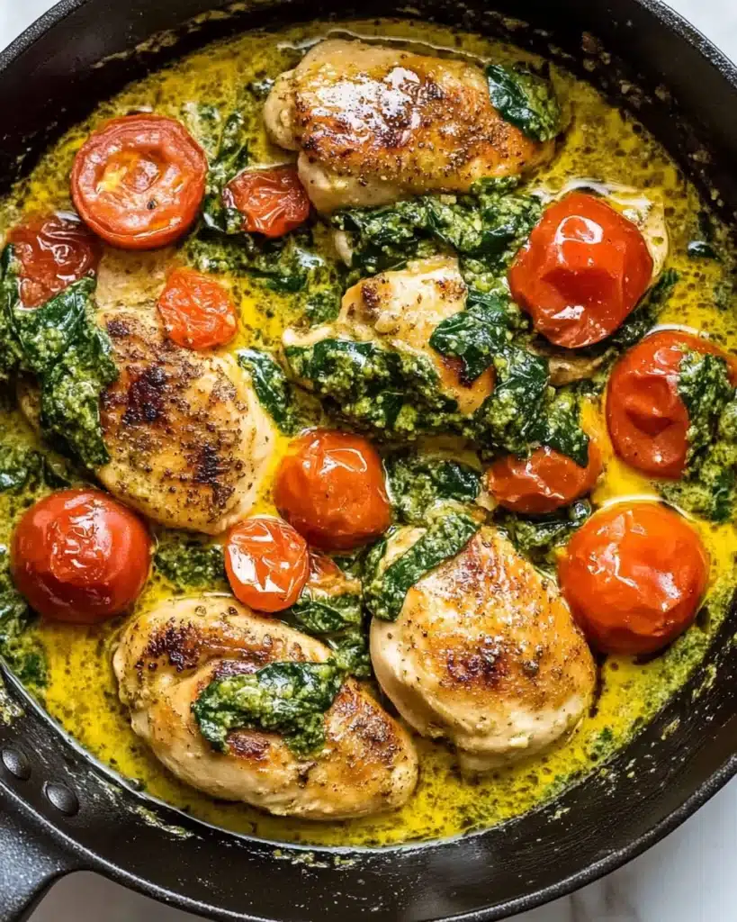 Creamy Pesto Chicken with Roasted Tomatoes Recipe