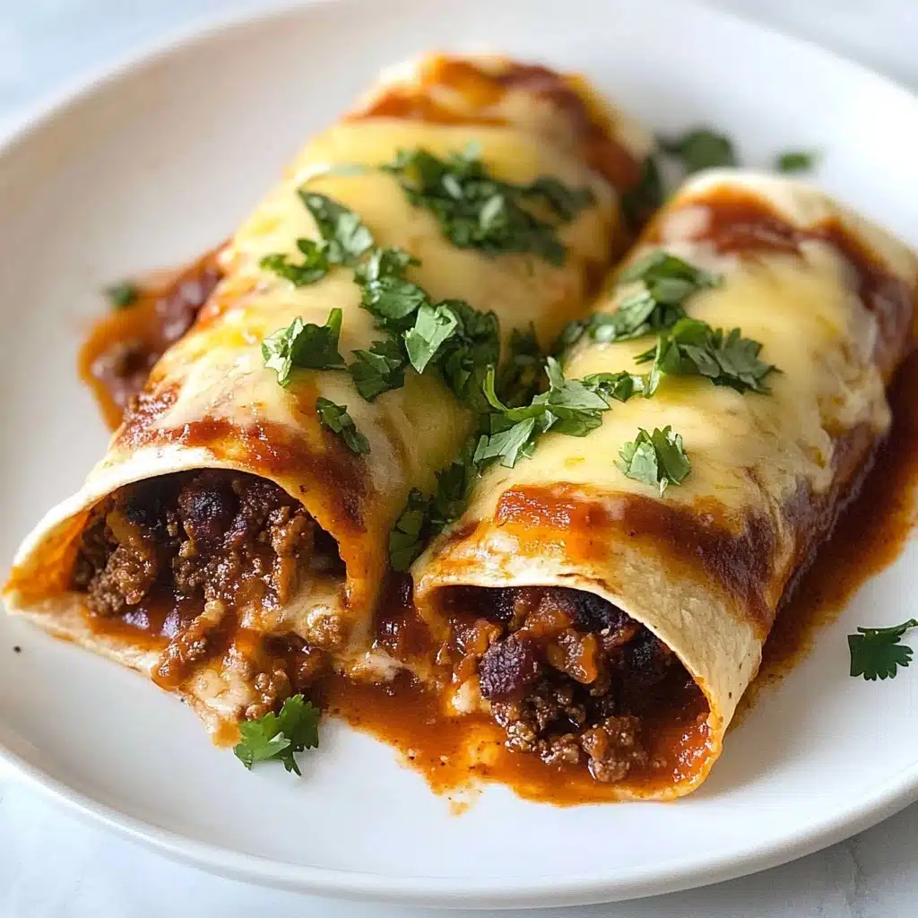 Beef Enchiladas, homemade enchiladas, beef enchiladas recipe, Mexican beef casserole, cheesy beef enchiladas Two rolled tortillas lay side by side on a white plate with a white marbled texture background. Each tortilla is filled with a dark brown, crumbly meat mixture that spills out slightly at the open ends. The tortillas are covered with a layer of rich, red sauce and topped with melted, light yellow cheese that appears soft and creamy. Small green herb pieces are sprinkled on top of the cheese, adding a fresh pop of color. The edges of the tortillas look slightly crispy and the entire dish has a warm, inviting appearance.