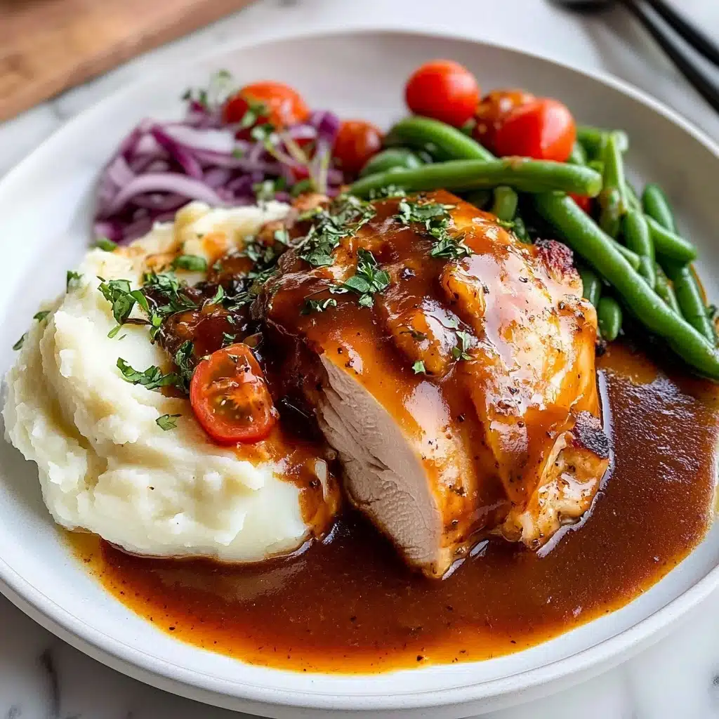 Oven Baked BBQ Chicken, Quick homemade barbecue sauce, Easy BBQ chicken recipe, Juicy oven baked chicken, Smoky grilled flavor without a grill A white round plate holds a meal with three main parts: on the left, there is a thick layer of white mashed potatoes with a smooth texture and a splash of orange-colored sauce. In the middle, a large piece of meat covered in dark brown sauce with a shiny, slightly thick texture, sprinkled with small green herbs, sits partly over the mashed potatoes. On the right, the meat is sliced to show its tender layers, resting in more sauce that spreads across the plate's surface. Behind the meat, there are fresh green beans topped with red cherry tomato halves and finely chopped purple onions, adding a fresh and colorful touch to the dish. The background shows a white marbled texture.