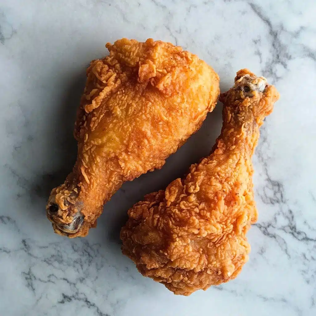 Air Fryer Fried Chicken, crispy air fryer chicken, healthy fried chicken, easy air fryer chicken recipe, juicy air fryer chicken Two pieces of fried chicken with a crispy, rough, and golden-brown crust lying close to each other on a white marbled surface. The top piece shows the drumstick shape with crinkles and uneven texture in the breading, while the bottom piece is slightly darker and also textured with crisp breading.