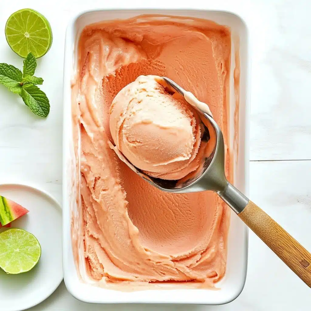 Watermelon Mojito Sorbet, Watermelon Mojito Sorbet recipe, refreshing summer dessert, healthy frozen treat, easy fruit sorbet A rectangular white dish filled with a smooth, orange-pink frozen dessert sits on a white marbled surface, showing swirled textures and creamy ridges on top. An ice cream scoop with a wooden handle is lifting a round scoop from the center, highlighting the soft and creamy consistency of the top layer. The dish has one even layer with a slightly uneven, rippled finish. In the corner, a bright slice of lime and a few green mint leaves are visible, with a wedge of watermelon partly shown on a small white plate at the bottom.