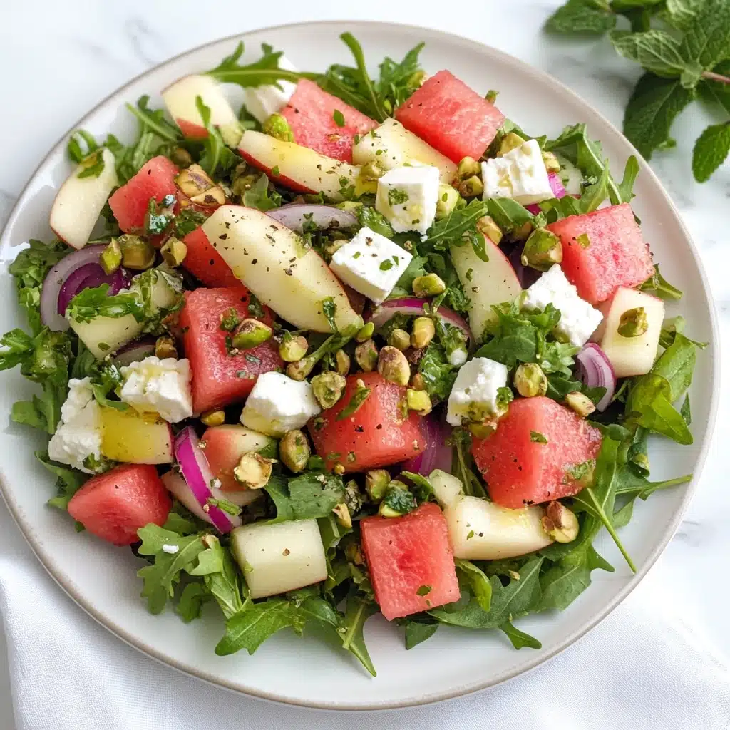 Watermelon Rind Salad with Feta & Arugula, watermelon rind salad recipe, quick summer salad, healthy watermelon side dish, easy watermelon salad with feta A white plate holds a colorful salad with large cubes of bright pink watermelon, creamy white cheese, pale yellow melon slices, green arugula leaves, and scattered fresh green mint. Thin rings of purple onion and small yellow pistachios are mixed throughout, adding pops of color and texture. The salad is piled mid-height in a casual, layered way. Everything sits on a soft beige napkin, with a silver fork to the side, and a small plate of pink watermelon wedges in the background. The scene is shot on a white marbled texture.