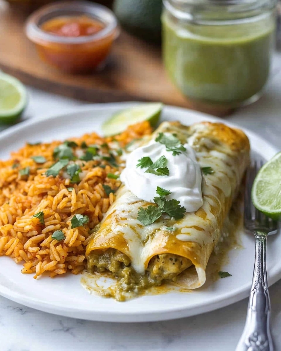 Smothered Green Chile Chicken Burritos, green chile chicken burritos, hearty burrito recipes, easy Mexican chicken burritos, cheesy green chile burritos A white plate on a white marbled surface holds a rolled enchilada covered in melted cheese and green sauce, topped with a dollop of white sour cream and sprinkled with chopped green onions and cilantro. To the left, a mound of orange Mexican rice with visible small pieces of vegetables sits next to a lime wedge placed on the plate’s edge. A small clear container with red salsa is positioned behind the rice. A silver fork rests on the right side of the plate. In the blurred background, a glass jar of iced tea and a halved avocado on a wooden board are visible.