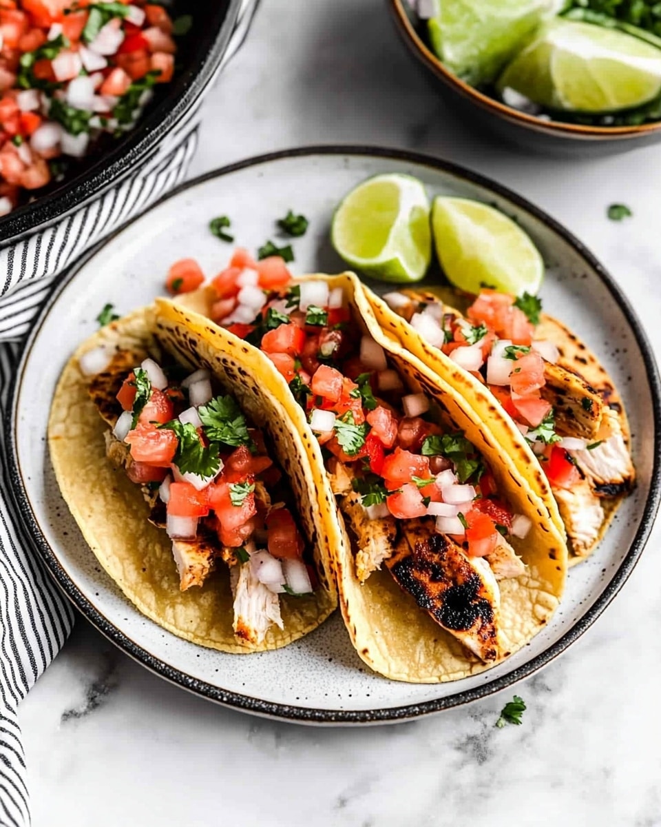 Grilled Chicken Tacos, Best Chicken Tacos, Easy Taco Recipes, Juicy Chicken Tacos, Delicious Taco Ideas Three tacos are placed on a round white plate on a white marbled surface. Each taco has two yellow corn tortillas folded with grilled chicken pieces inside, showing light brown to dark charred edges. On top of the chicken is a layer of diced fresh red tomatoes mixed with finely chopped white onions and green herbs, creating a colorful mix of red, white, and green. To the right side of the plate, two lime wedges sit next to the tacos. In the background is a bowl filled with similar diced tomato, onion, and green herb mix. A black and white striped cloth is draped partially next to the plate.