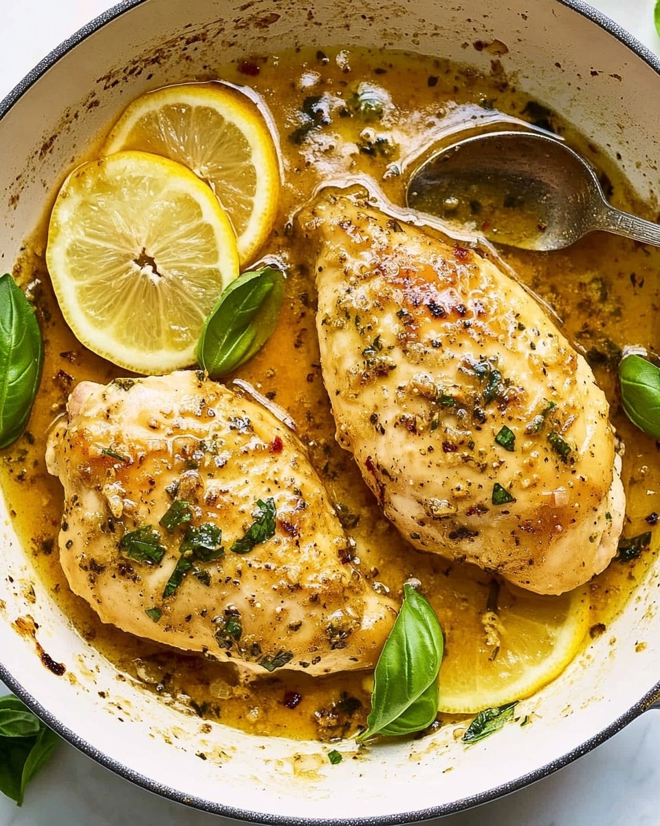 One-Pan Lemon Basil Chicken, lemon basil chicken, easy chicken dinner, quick weeknight chicken, healthy one-pan chicken The image shows two cooked chicken pieces with a golden brown color in a white pan. The chicken is covered with a shiny yellow sauce mixed with small herbs and bits of garlic. Around the chicken, there are thin slices of lemon, some overlapping and all bright yellow with a glossy texture. Fresh green basil leaves are scattered on and around the chicken pieces. A silver spoon rests in the pan, partially dipped in the sauce. The background is a white marbled surface.