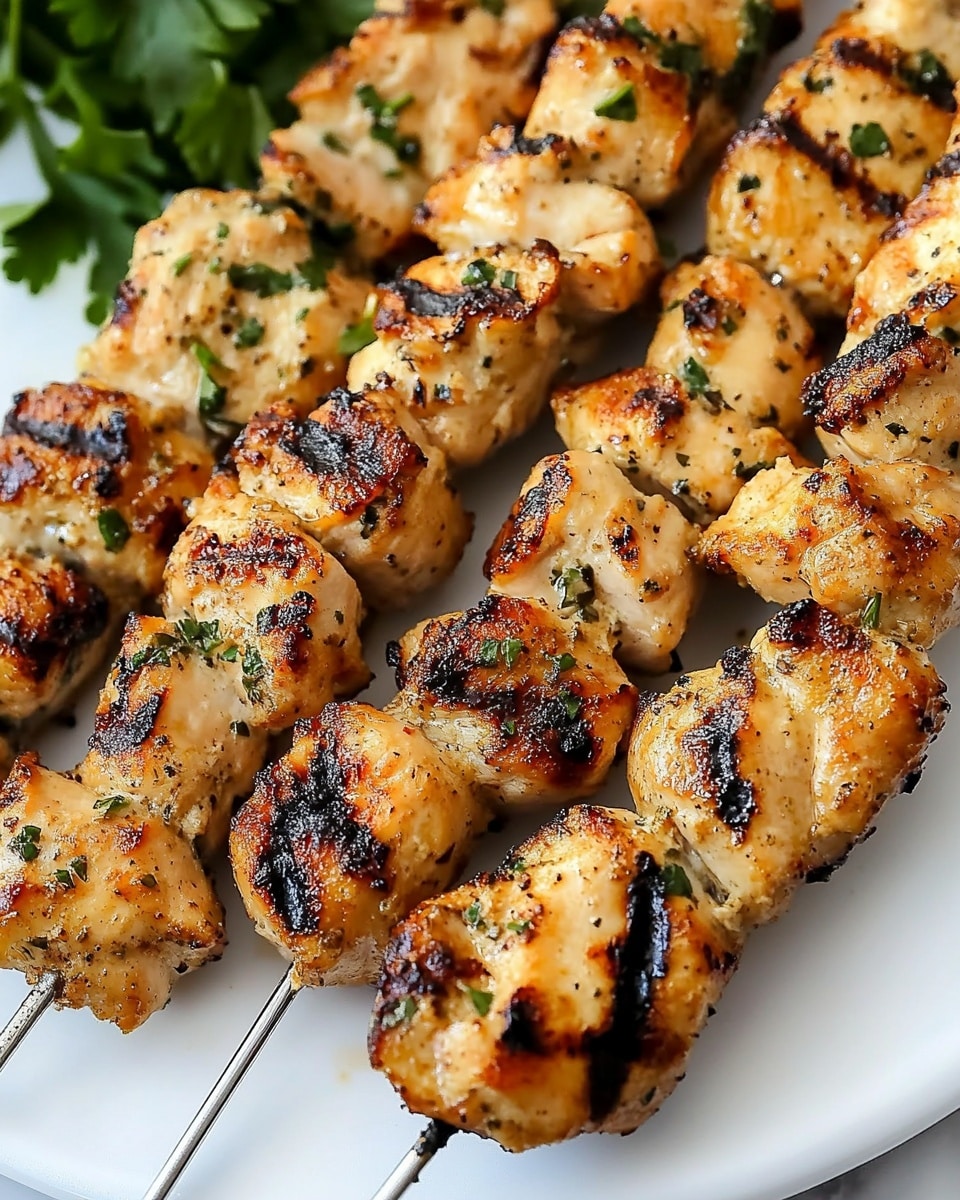Garlic Parmesan Chicken Kebabs, Chicken Kebabs with Garlic and Parmesan, Easy Chicken Kebabs, Summertime Chicken Skewers, Juicy Chicken Kebabs The image shows five skewers of grilled chicken placed side by side on a large white plate with a clean, white marbled surface underneath. Each skewer has several pieces of chicken that are golden brown with char marks, showing a slightly crispy texture. The chicken pieces are coated with green herbs scattered across them, adding a fresh appearance. The top left corner hints at a blurred woman's hand holding greens in the background. The overall look is warm and appetizing, highlighting the texture and color contrast between the grilled chicken and the white plate.