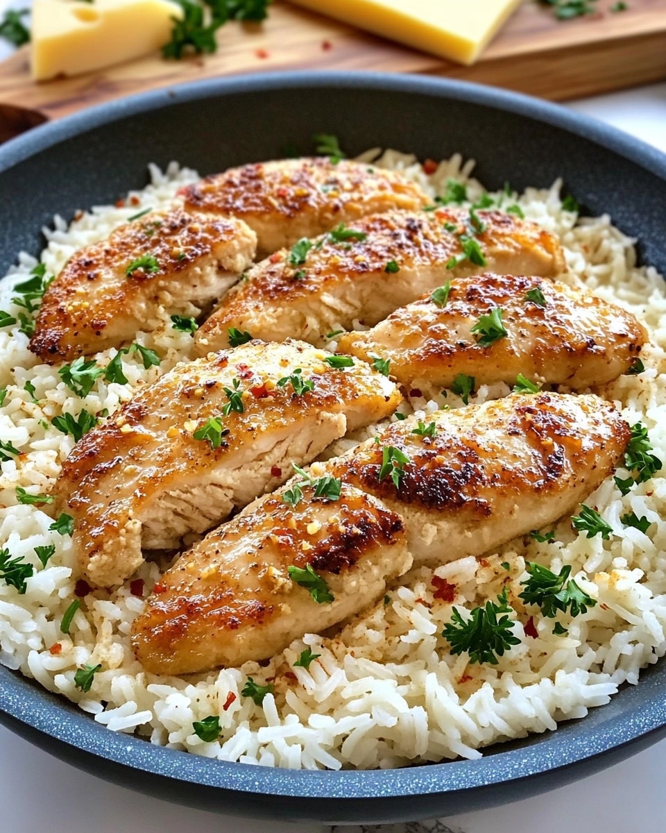 Garlic Parmesan Chicken Scampi, chicken scampi with garlic and Parmesan, easy chicken parmesan dinner, quick garlic chicken recipe, flavorful chicken pasta A gray pan filled with a layer of creamy white risotto sprinkled with finely chopped green parsley and small red flakes, topped by six curved pieces of golden brown cooked chicken evenly placed across the dish; in the background, a wooden board with a wedge of pale yellow cheese and more chopped green parsley is visible, all set on a white marbled surface.