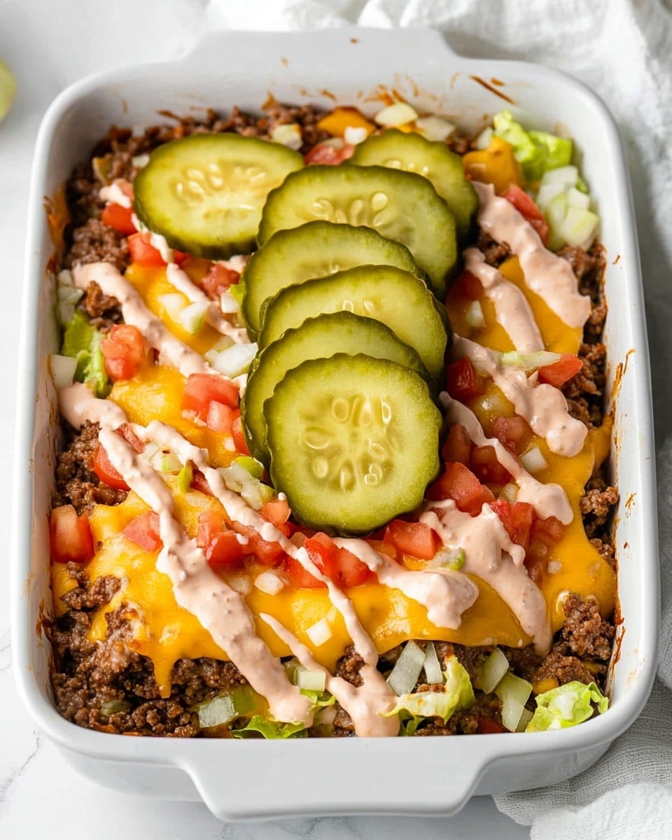 Big Mac Casserole, Big Mac casserole recipe, homemade Big Mac casserole, easy Big Mac casserole, crowd-pleasing comfort food The image shows a white square baking dish filled with layered food. The bottom layer is cooked ground beef mixed with melted yellow cheese that is gooey and bubbly around the edges. Drizzled on top are light orange sauce patches. In the center, there is a pile of shredded light green lettuce topped with chopped red tomatoes and small white onion pieces. On top of the lettuce and tomatoes, there are several green pickle slices with ridges, arranged evenly. The dish sits on a white marbled surface with a white cloth partially underneath the dish, and a small bowl of additional shredded lettuce is visible to the side.