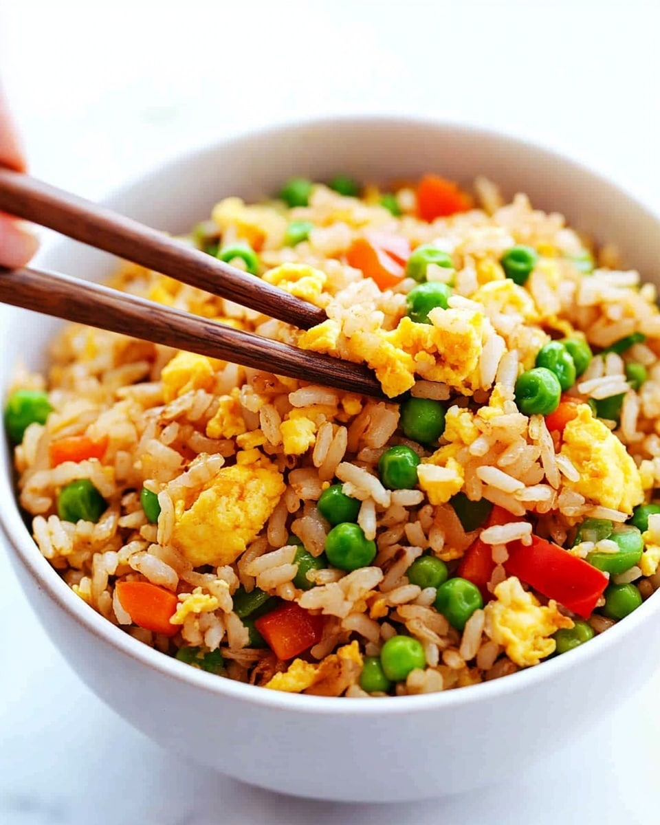 Easy Egg Fried Rice, quick egg fried rice, simple homemade fried rice, flavorful egg fried rice, beginner-friendly fried rice A round silver pan filled with fried rice that shows a mix of yellow scrambled eggs, orange diced carrots, green peas, and chopped green onions scattered on top. The rice grains have a light brown color from the soy sauce and are mixed evenly with the vegetables and eggs. The pan sits on a white marbled surface with its silver handle partly visible.