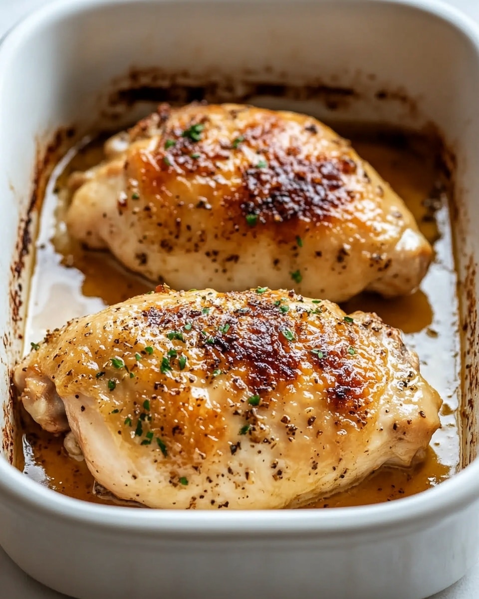 Melt In Your Mouth Chicken Breast, juicy chicken breasts, tender chicken recipes, cheesy chicken dishes, easy chicken dinner ideas The image shows two cooked chicken pieces in a white baking dish, with golden brown, slightly crispy tops and a few small green herb sprinkles on them. The chicken pieces are sitting in a shallow pool of rich, brownish cooking juices, with some darker browned spots around the edges of the dish. The texture on the chicken looks tender and slightly oily with a nice roasted crust. The scene is set on a white marbled surface.