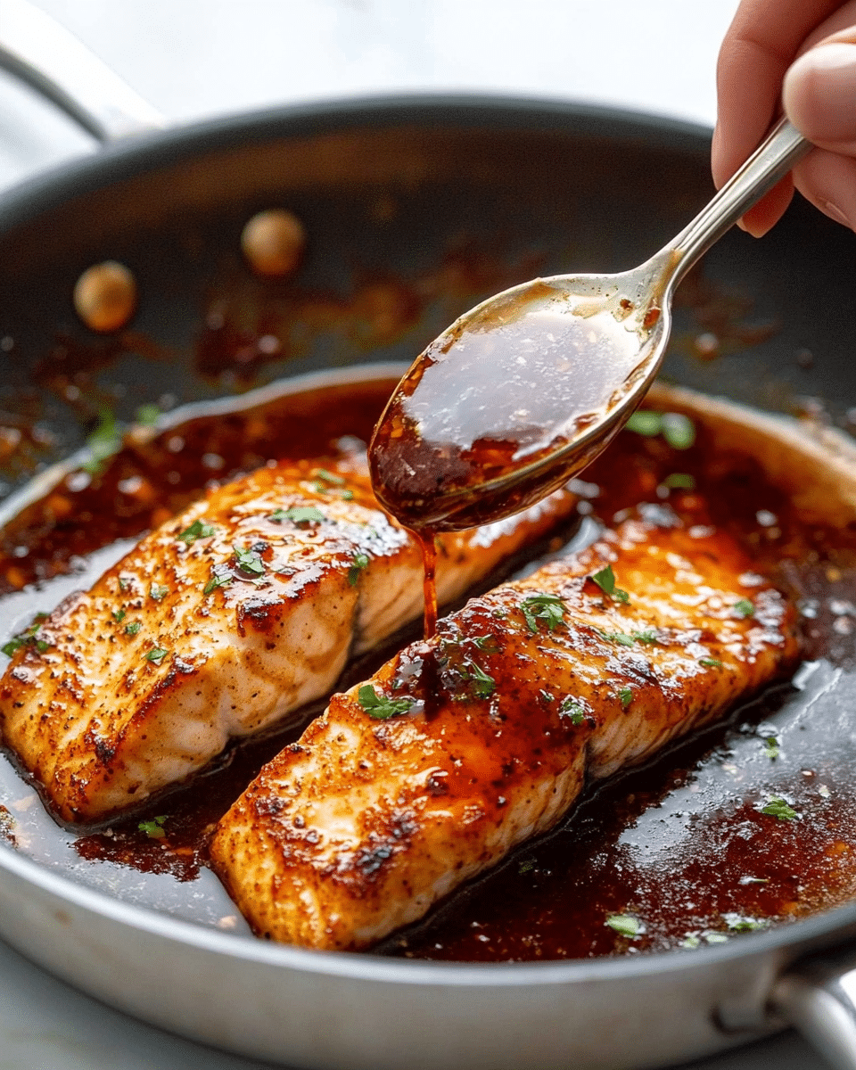 Honey Garlic Soy Glazed Salmon, Salmon glaze recipe, healthy salmon dinner, easy baked salmon, flavorful fish dishes The image shows two golden-brown cooked fish fillets in a metal pan, each covered with a shiny, dark reddish-brown sauce that is being spooned over one fillet by a woman's hand holding a silver spoon. The fish surface looks slightly crispy with small green herb sprinkles on top. The pan has a well-used brownish and slightly oily texture around the edges, and a rich layer of sauce pools at the bottom, reflecting light. The close-up view focuses on the top fillet with a soft white marbled background slightly blurred.