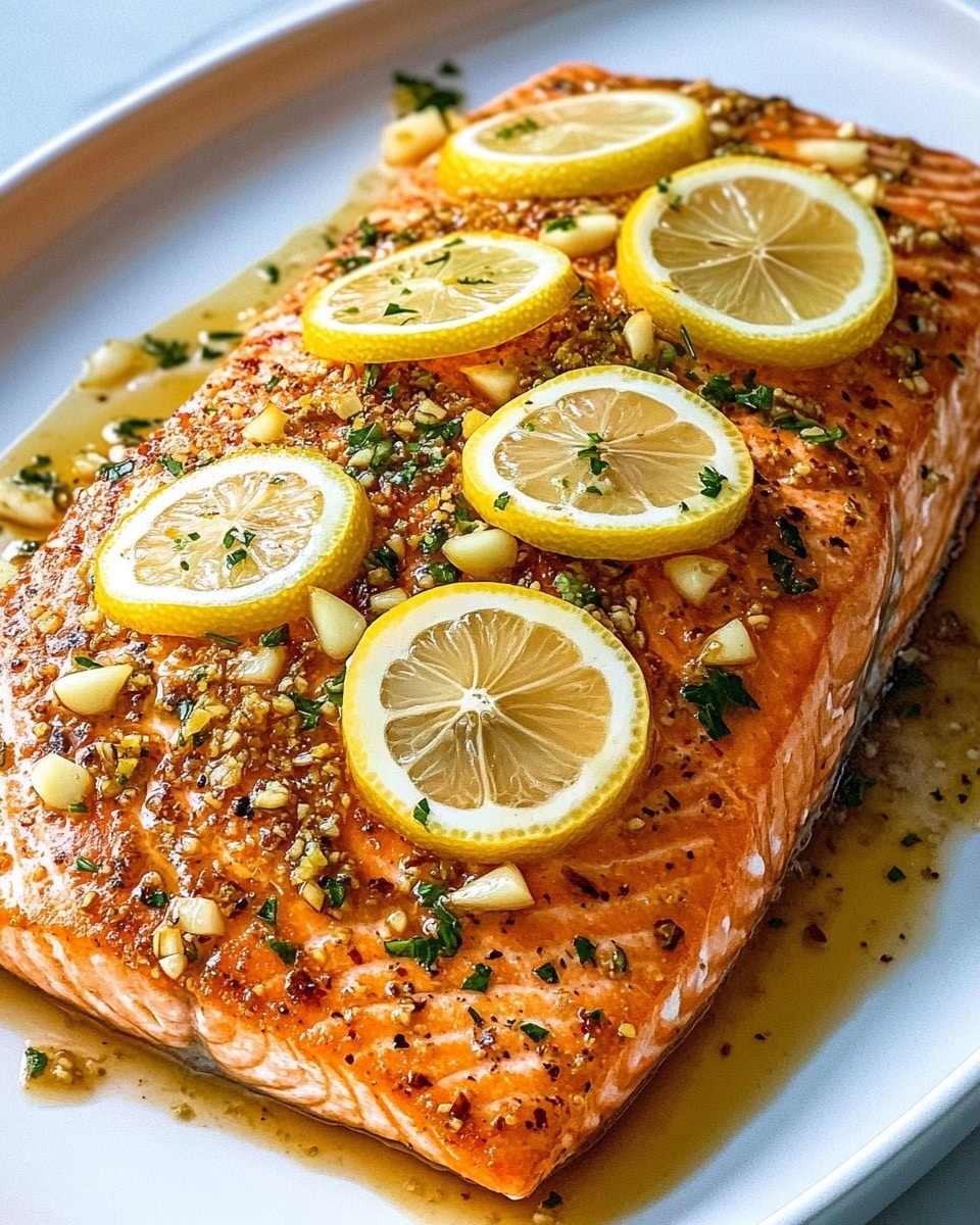 Baked Salmon with Lemon Herb Cream Sauce and Roasted Potatoes, baked salmon dinner, lemon herb salmon, sheet pan salmon recipe, healthy seafood recipes A large piece of cooked salmon sits on a white plate, topped with six thin lemon slices arranged in a single layer along the top. The salmon is orange with a slightly crispy texture and is sprinkled with small pieces of garlic and chopped green herbs. Around the edges of the salmon and plate are small pieces of lemon wedges. The plate rests on a white marbled surface.