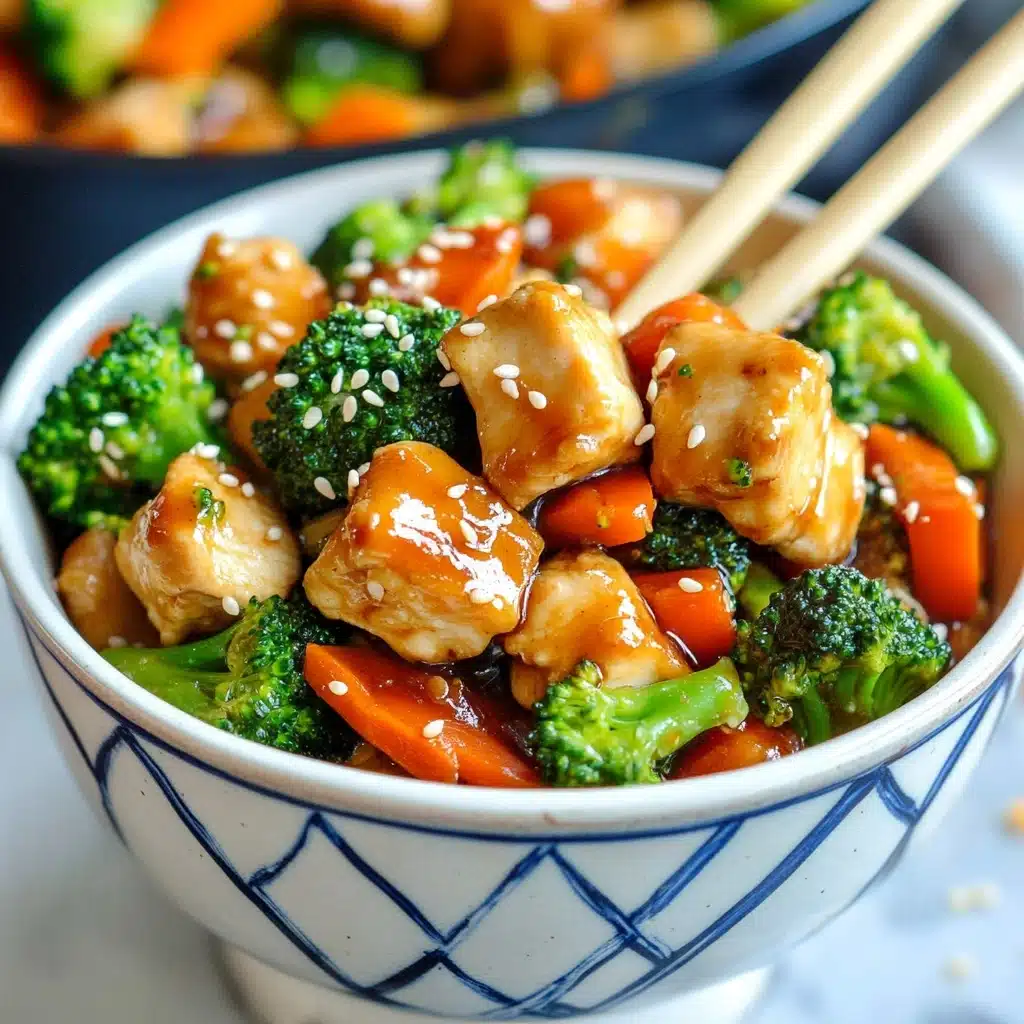 Chicken Stir Fry with Broccoli, Bell Peppers, and Carrots,Chicken stir fry with honey soy sauce,Healthy chicken stir fry recipe,Quick vegetable chicken stir fry,Easy dinner ideas for stir fry A white pan filled with a stir-fry dish showing three main layers: the bottom layer with a light brown sauce coating, the middle layer with cooked bite-sized pieces of light golden brown chicken, and the top layer with bright green broccoli florets and chunks of red and yellow bell peppers mixed evenly. A wooden spoon with a yellowish handle is scooping some of the mix, positioned in the center, lifting the ingredients. Two pairs of light-colored chopsticks rest on the right side of the pan on a white marbled surface. In the background, blurred food packaging and a red and white can are visible.