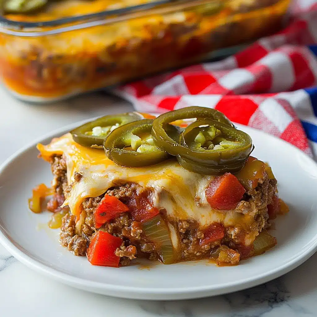Southern Five Layer Beef Casserole, layered beef casserole, easy comfort food, hearty beef casserole, Southern-style casserole A white plate holds a layered dish with three main layers visible. The bottom layer is ground meat mixed with diced red bell peppers and translucent cooked onions, giving a mix of dark brown and bright red with some light brown tones. The middle layer is a light-colored melted cheese that covers the meat mixture unevenly. The top layer is sliced green jalapeños, slightly cooked, placed closely in a row across the dish. The plate sits on a white marbled surface with a red, white, and blue checkered cloth beneath it. In the background, there is a clear rectangular baking dish with the same layered food inside.