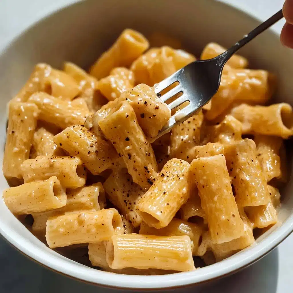 Creamy French Onion Pasta, French Onion Pasta recipe, cheesy onion pasta, easy French onion pasta, comforting pasta dishes A white bowl is filled with thick, tube-shaped pasta coated in a smooth, creamy beige sauce with small black pepper flakes sprinkled evenly on top. The pasta pieces are tightly packed, showing their hollow centers and slightly rough texture from the sauce clinging to them. A fork held by a woman's hand is pulling up one piece of pasta, the sauce stretching slightly from the pasta to the fork. The scene sits on a white marbled surface.