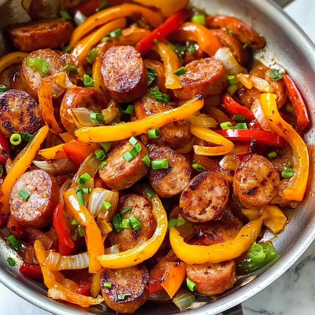 Sausage and Peppers Skillet, sausage and pepper stir-fry, quick sausage supper, easy dinner recipes, one-pan sausage dish The image shows a close-up of a silver pan filled with cooked sliced sausages and colorful bell pepper strips in red, yellow, and orange, mixed with sautéed onion slices. The sausages are golden-brown with a slightly crispy texture on the edges, while the vegetables look soft and glossy, indicating they are cooked but not mushy. There are small green onion pieces scattered on top, adding a fresh touch. The pan is placed on a white marbled surface, and in the bottom right, part of a woman's hand holding the pan handle is visible.
