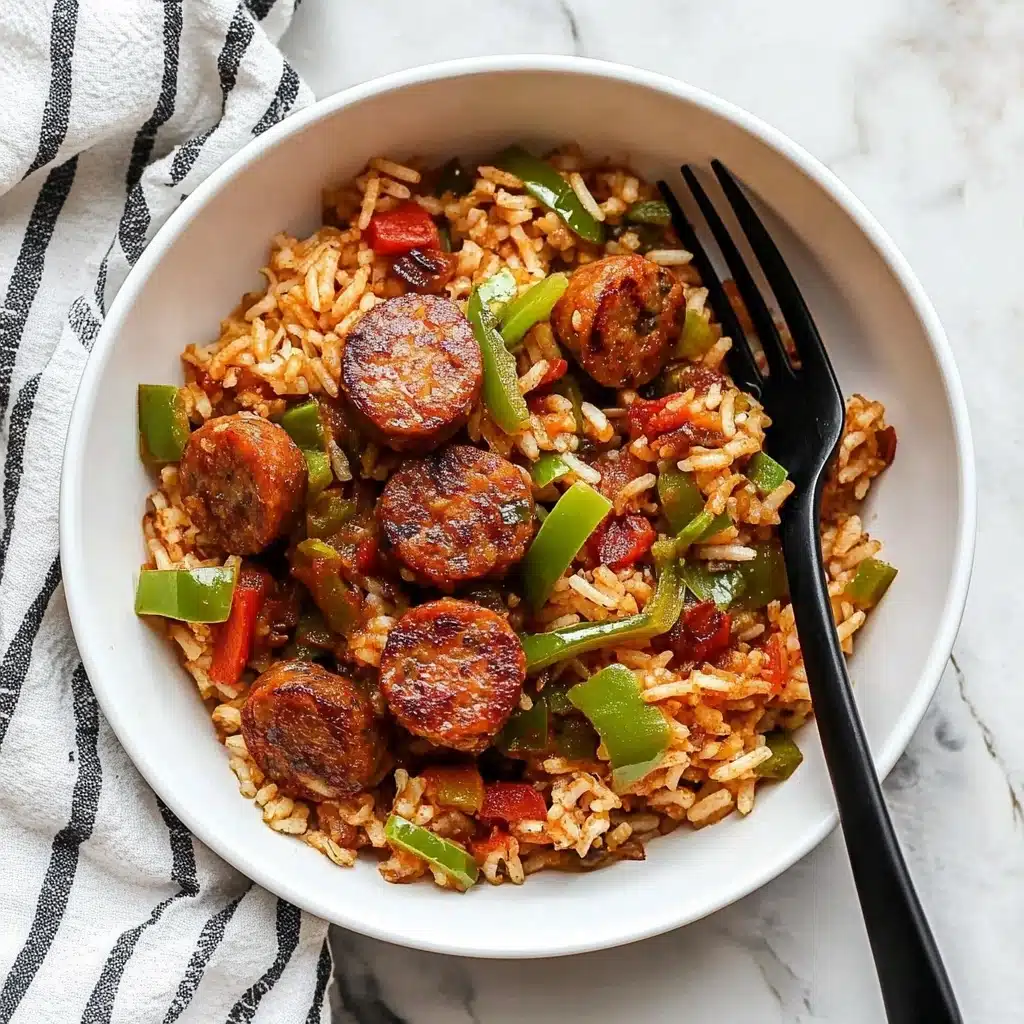 Cajun Sausage and Rice Skillet, Cajun Sausage and Rice, Cajun one-pan dinner, spicy sausage and rice, easy Cajun skillet meal A white bowl filled with a layered dish consisting of cooked rice mixed with diced green bell peppers and small pieces of tomato, giving the rice a reddish tint. On top, there are several round slices of browned sausage, evenly spread out. A few bright green onion slices are scattered over the dish, adding a fresh touch. A black fork rests inside the bowl on the right side. The bowl is placed on a white marbled surface with a white and black striped cloth nearby.