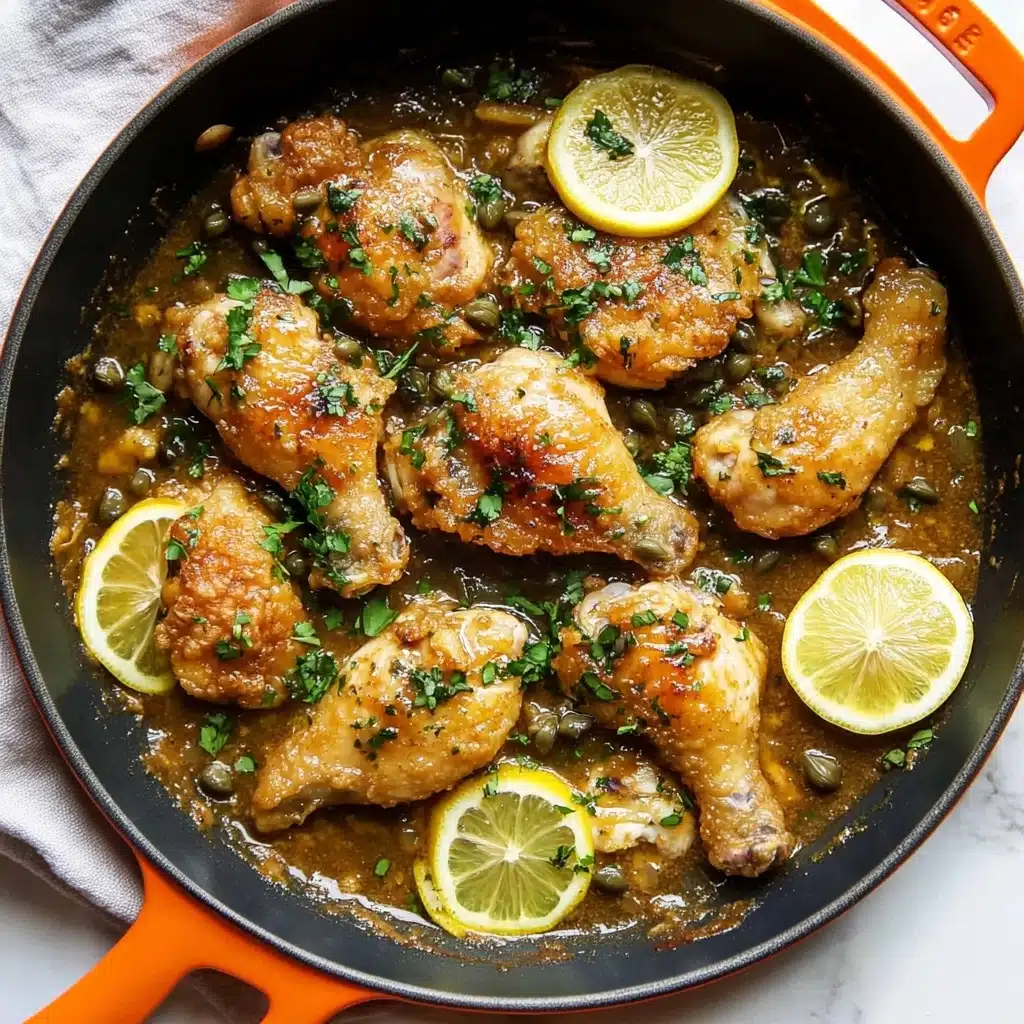 Chicken Piccata, Gluten-Free Chicken Piccata, Easy Chicken Dinner, Lemon Chicken Recipes, Quick Weeknight Chicken A skillet filled with golden brown fried chicken pieces resting in a light brown sauce, garnished with bright green chopped herbs scattered over the top. Thin yellow lemon slices are placed on the chicken, adding pops of color and freshness. Small capers are visible in the sauce, which has a slightly glossy texture, pooling around the chicken. The skillet has orange handles, and it is placed on a white marbled surface with a light-colored cloth beneath.