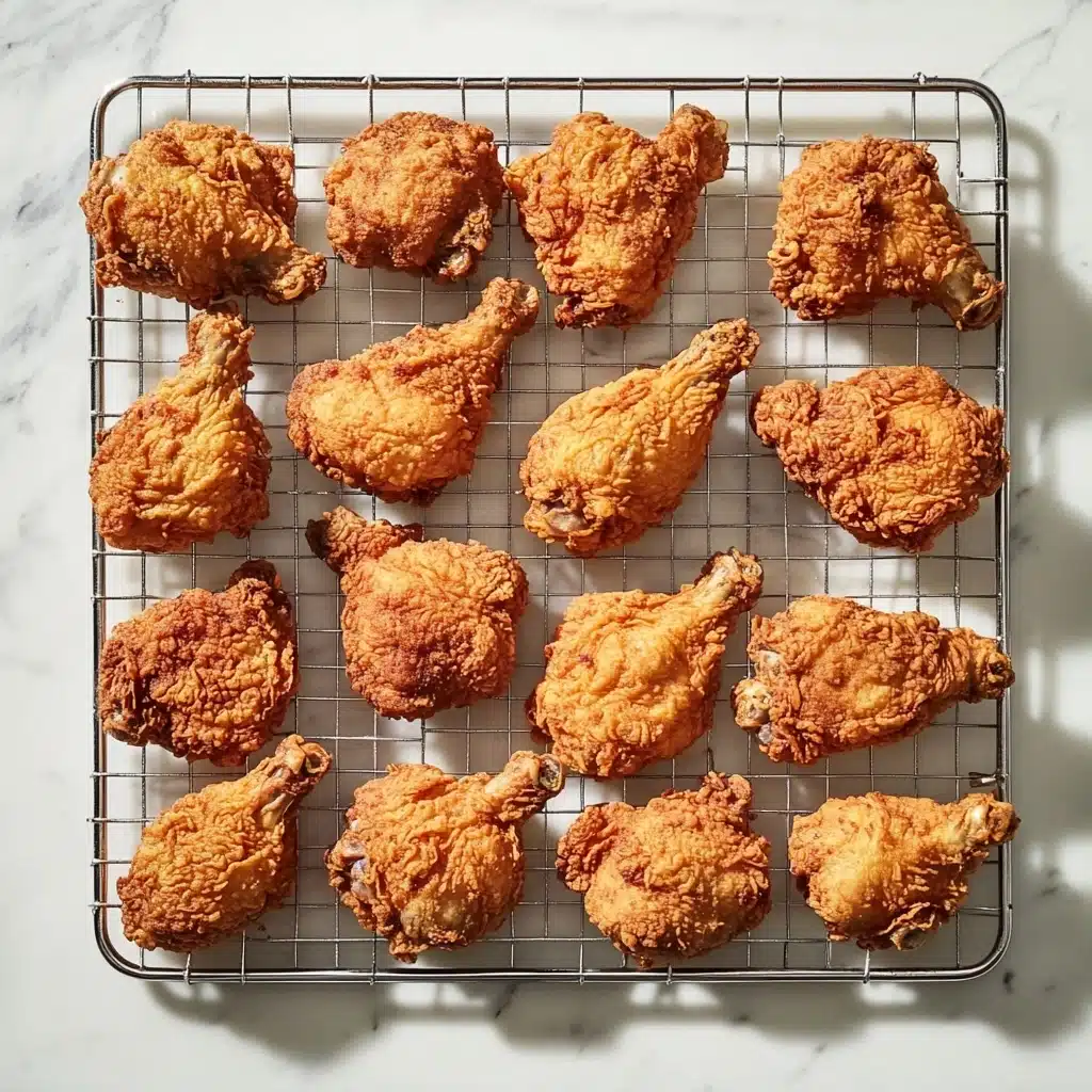 Buttermilk Fried Chicken, crispy fried chicken, tender fried chicken, best fried chicken recipe, homemade fried chicken A metal cooling rack holds twelve pieces of golden-brown fried chicken, each piece showing a crispy, crunchy texture with uneven, crunchy edges and a rough surface. The chicken pieces vary in size and type, including drumsticks, wings, and thighs, all evenly spaced on the rack. The rack is placed on a white marbled surface, which contrasts softly with the warm, rich colors of the fried chicken. Light shadows below the rack emphasize the height and texture of the chicken pieces.