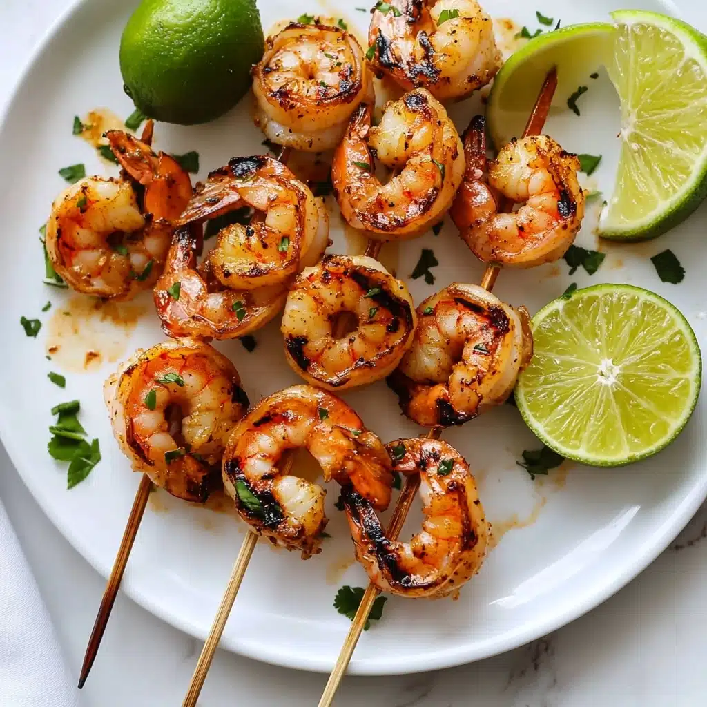 Asian Marinated Grilled Shrimp Skewers, shrimp skewers with Asian marinade, grilled shrimp recipes, easy Asian shrimp skewers, flavorful seafood skewers The image shows a close-up of grilled shrimp skewers with about two layers of shrimp stacked, each shrimp having an orange-pink color with charred black grill marks, and a shiny, slightly oily texture. The shrimp are garnished with small green chopped herbs scattered evenly on top, and some cilantro leaves are visible, adding a fresh green color contrast. The skewers are placed on a white plate, which is set on a white marbled surface in soft natural light that highlights the delicious grilled texture and colors of the shrimp.