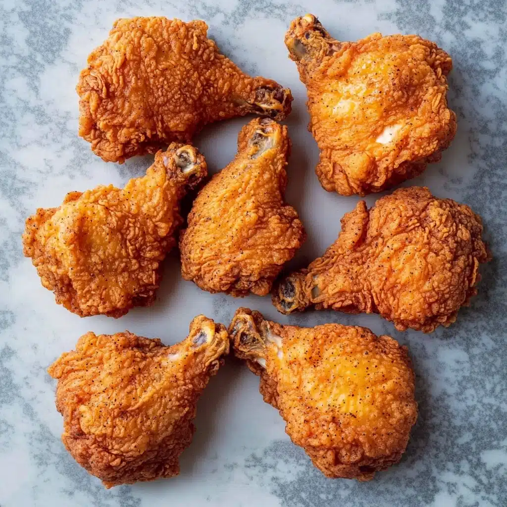 Air Fryer Fried Chicken, crispy air fryer chicken, healthy fried chicken, easy air fryer chicken recipe, juicy air fryer chicken Seven pieces of fried chicken are arranged randomly on a white marbled surface. Each piece shows a thick, crunchy orange-brown coating with a textured, crispy crust. The pieces vary in shape and size, with some larger drumsticks and smaller, irregular-shaped cuts. Specks of black pepper are visible on the crispy skin, enhancing the look of the spicy coating. The lighting highlights the rough, crunchy surface of the fried chicken, making it look hot and freshly cooked.