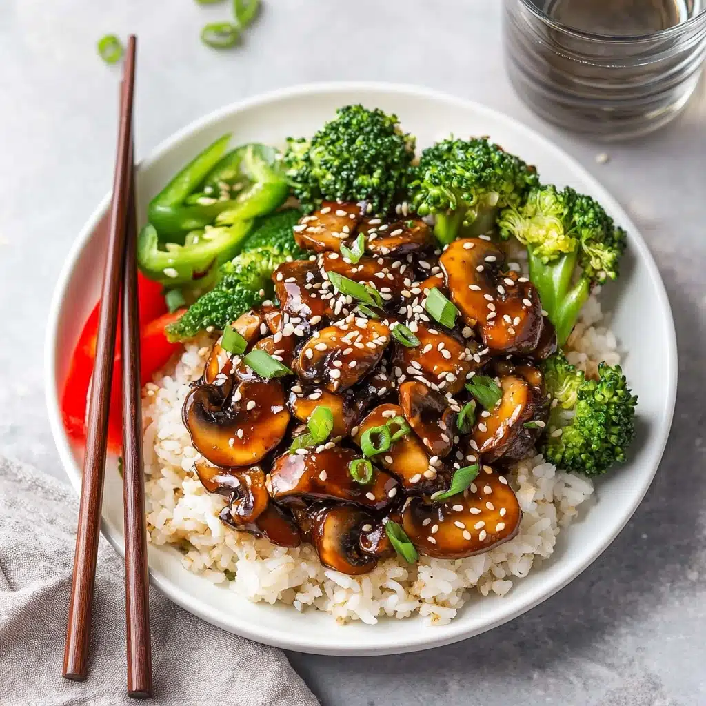 Instant Pot Teriyaki Chicken, easy instant pot chicken recipes, quick Asian chicken dishes, healthy weeknight dinners, flavorful chicken dinners A white plate holds a colorful dish with three main layers. The bottom layer is light brown rice spread all around the plate. On top of that, there are bright green broccoli florets and slices of shiny red bell pepper arranged on one side. Next to the vegetables, there is a dark brown stir fry made of bite-sized pieces of mushrooms and a glossy sauce sprinkled with white sesame seeds and small green onion pieces. The plate sits on a white marbled surface, with a pair of wooden chopsticks placed to the left of the plate and a small wooden bowl of sesame seeds to the right. A clear glass of water is partially seen in the top left corner.