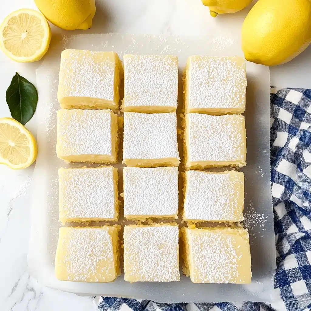Creamy Vegan Lemon Bars, vegan lemon bar recipe, gluten-free lemon dessert, no-bake lemon bars, healthier lemon bars This image shows a square lemon dessert sliced into sixteen equal squares, neatly arranged on a flat surface. The dessert has two clear layers: a dense, pale yellow bottom layer with a smooth texture, and a slightly lighter, creamy top layer evenly spread over it. Some squares are lightly dusted with powdered sugar, giving a soft white touch on top. The treat is set on a white surface with a white marbled texture, and there are two fresh lemons and a blue-checkered cloth placed beside the dessert, adding a fresh and bright look.