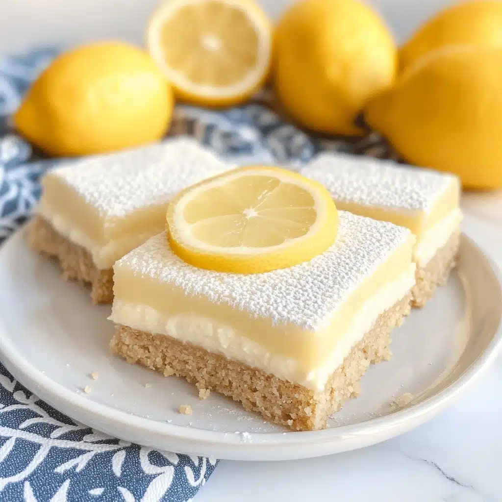 Creamy Vegan Lemon Bars, vegan lemon bar recipe, gluten-free lemon dessert, no-bake lemon bars, healthier lemon bars A square lemon dessert bar sits on a white plate, with two clear layers: a thick, light tan crumbly base at the bottom and a creamy off-white top layer, both with smooth, clean edges. Each bar is topped with a thin slice of lemon and a dusting of fine powdered sugar, giving a fresh, bright look. There are whole lemons in the background on a white marbled texture surface and a blue patterned cloth partially in view.
