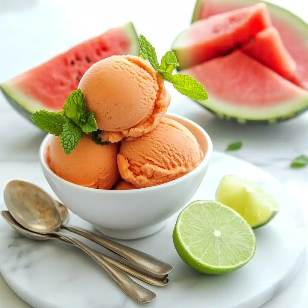 Watermelon Mojito Sorbet, Watermelon Mojito Sorbet recipe, refreshing summer dessert, healthy frozen treat, easy fruit sorbet A small white bowl holds three scoops of smooth, light reddish-orange sorbet stacked on top of each other, with a sprig of fresh mint placed beside the scoops. Around the bowl are thick slices of bright red watermelon with green rinds and a wedge of lime, all sitting on a white plate. In the background, there is another white bowl full of the same sorbet, also decorated with mint, watermelon slices, and half a lime. The spoons rest nearby, and everything is arranged on a white marble texture surface.