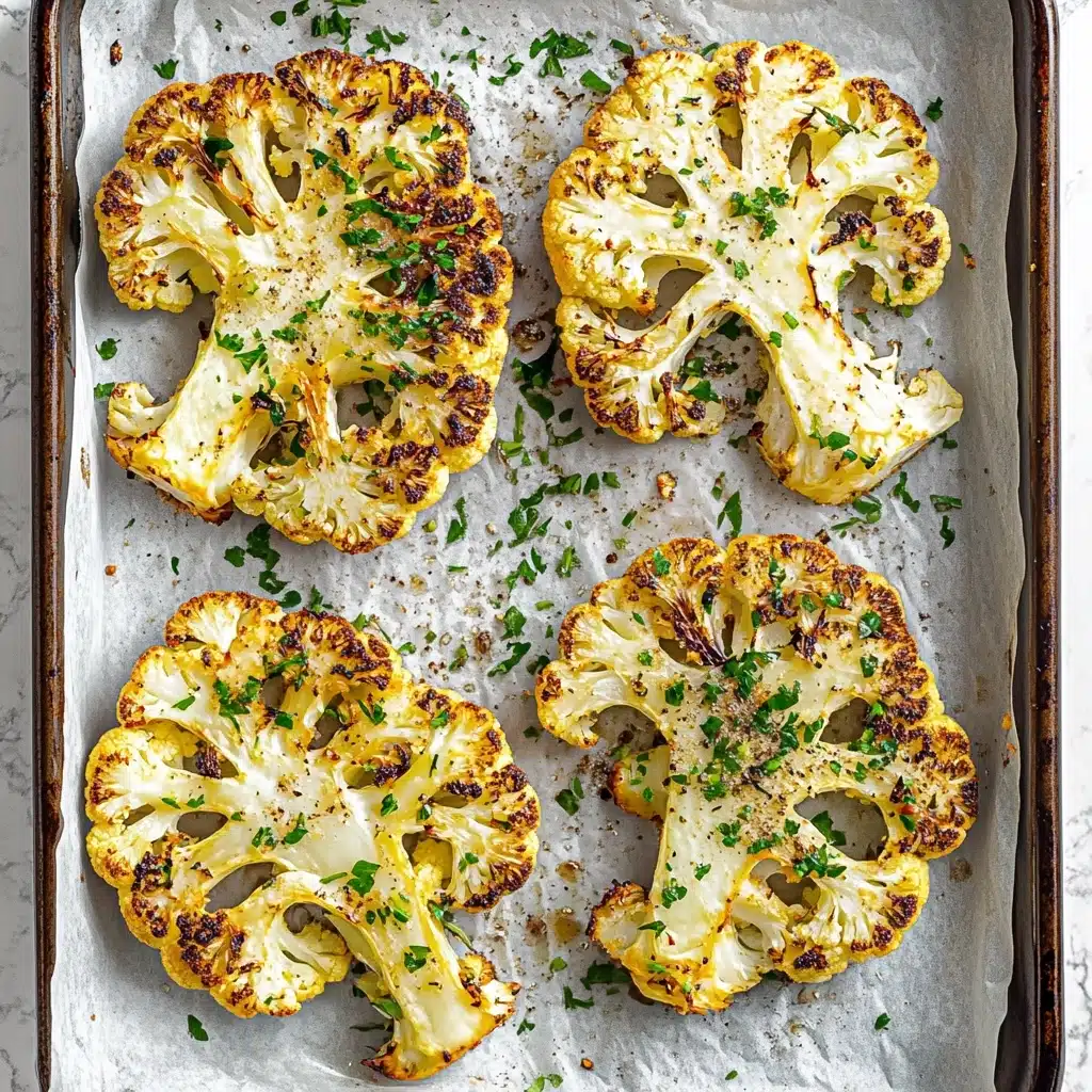 Cauliflower Steak, Roasted or Grilled Cauliflower Steak, Vegetarian Main Dish, Healthy Cauliflower Recipes, Vegetable Steak There are four thick slices of roasted cauliflower steaks arranged on a baking tray lined with white parchment paper. Each cauliflower steak has a golden brown and slightly crispy top layer with specks of dark roasted edges, and the inside layers show creamy white cauliflower florets. Green chopped herbs are sprinkled evenly over all four pieces, adding a fresh touch on top. The tray sits on a white marbled texture.