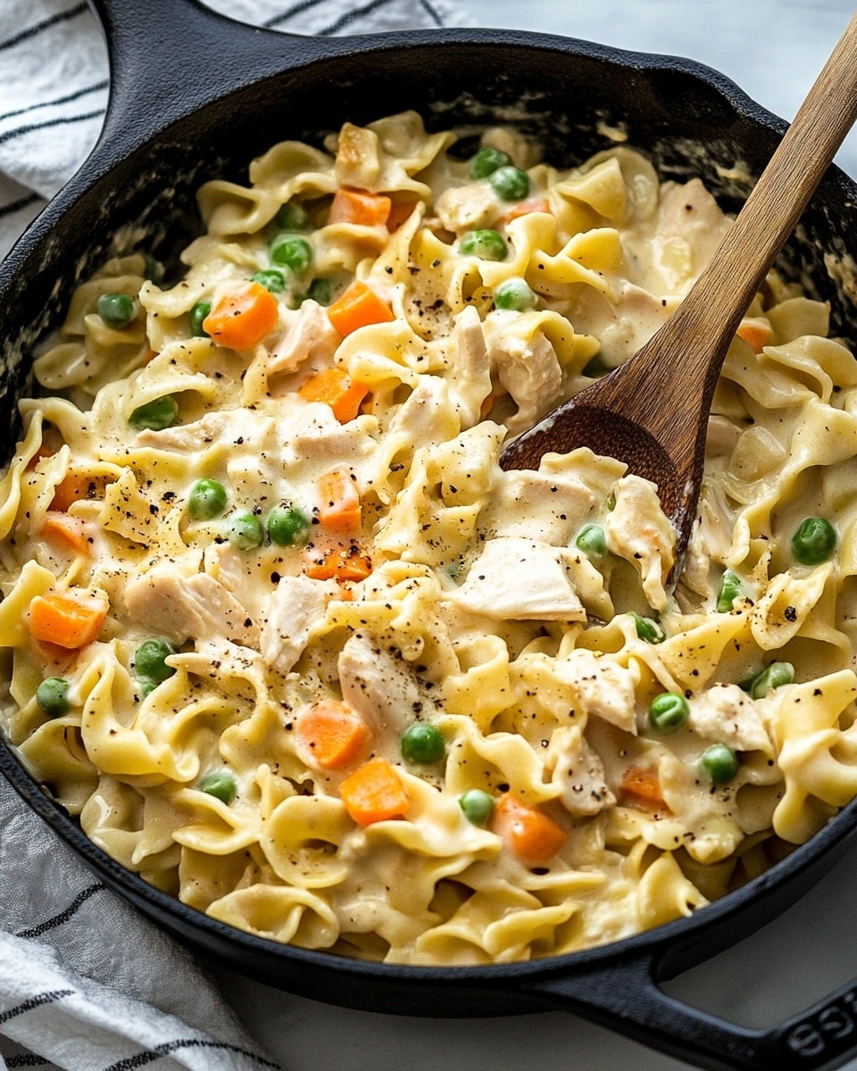 Chicken Pot Pie Noodle, creamy chicken noodle bake, easy weeknight dinner, comforting chicken noodle recipe, quick chicken casserole A black cast iron pan filled with creamy chicken noodle casserole showing three layers: the bottom layer has wide, curled egg noodles in a pale yellow color, the middle layer is made of small, bright green peas and orange carrot cubes mixed evenly, and the top layer is coated with a thick, white creamy sauce with visible black pepper specks and chunks of cooked chicken in light beige. A wooden spoon is placed in the pan, slightly lifting the noodles and vegetables. The pan is sitting on a white marbled surface with a white and black striped cloth nearby.