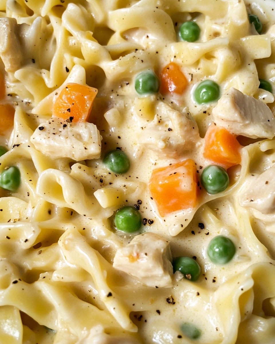 Chicken Pot Pie Noodle, creamy chicken noodle bake, easy weeknight dinner, comforting chicken noodle recipe, quick chicken casserole A close-up of a creamy pasta dish served in a black cast iron skillet on a white marbled surface, showing wide, curly egg noodles mixed with bright green peas and small orange carrot cubes. The pasta is coated in a smooth, light cream sauce speckled with black pepper and herbs. Pieces of tender light-colored meat are visible, blending well with the sauce and vegetables. A silver spoon lifts a portion of the pasta, highlighting the mix of colors and textures against the skillet’s dark background with a woman's hand holding the skillet.