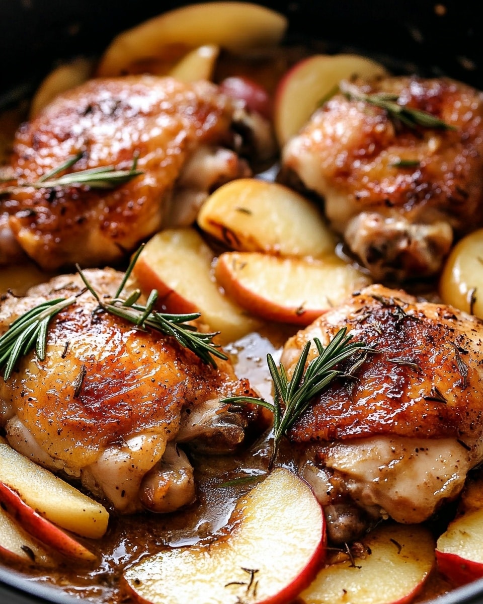 Apple Cider Chicken, easy chicken dinner, flavorful chicken thighs, quick apple cider recipes, savory apple cider glaze A white round plate with ridged edges holds a visually inviting dish consisting of two browned chicken thighs, one whole and one partially sliced, positioned near the left and bottom center; the chicken is seasoned and topped with glossy, thick golden sauce and red apple slices. Below and around the chicken are several soft cooked apple slices in a warm yellow-orange color. On the top right quarter of the plate, there is a neat pile of bright, fresh green beans with a smooth texture, contrasting with the warm colors. A wooden-handled fork with metal prongs is placed on the bottom left side of the plate with a piece of sliced chicken on it. The whole setup rests on a white marbled surface with a floral cloth napkin partially visible in the background.