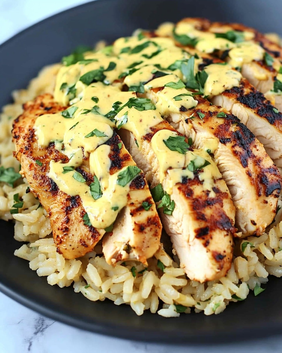 Mexican Chicken with Cheese Sauce, Mexican Chicken with Cheese, Mexican Chicken Recipe, cheesy Mexican chicken dish, flavorful Mexican chicken meal A black plate holds a bed of fluffy, light brown rice as the base layer, with visible small bits of herbs mixed in. On top, there are several slices of golden-brown grilled chicken arranged in a neat row, showing a crispy texture with dark grill marks. A creamy, pale yellow sauce is drizzled over the chicken and rice, and small pieces of green herbs are sprinkled on top, adding color contrast. The dish is set on a white marbled surface.