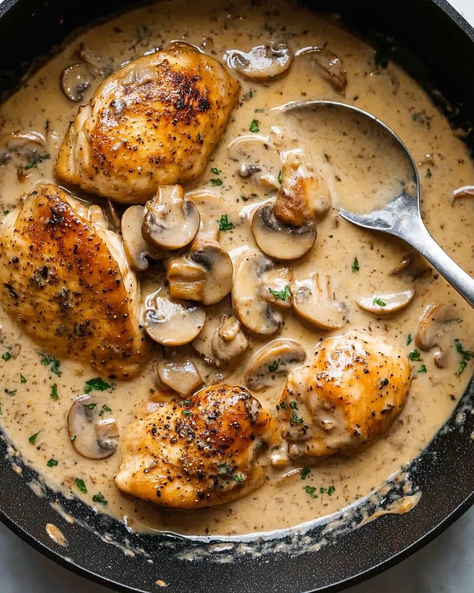 Creamy Chicken Stroganoff with Egg Noodles, Chicken Stroganoff, Creamy Chicken Pasta, Easy Chicken Stroganoff, Comfort Food Recipes The image shows a black skillet filled with creamy mushroom sauce covering browned chicken pieces. The sauce is light brown with visible bits of black pepper, and there are many sliced white mushrooms mixed throughout. Three browned chicken pieces are mostly covered but still visible, sprinkled with small green herb bits on top. A silver spoon rests on the right side of the skillet, partially dipped into the sauce. The background is a white marbled texture.