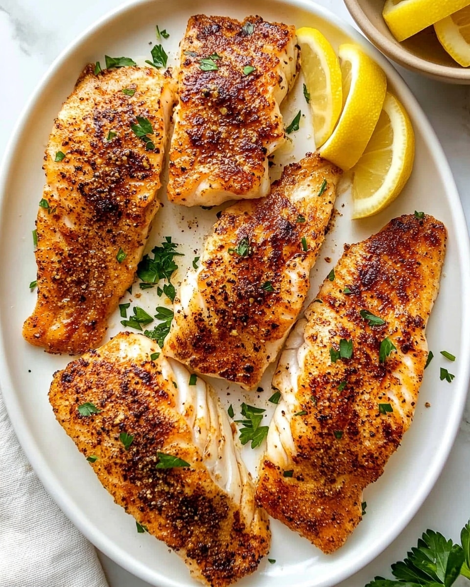 Air Fryer Cod with Lemon and Garlic Seasoning, baked cod with lemon and garlic, healthy seafood recipe, quick fish dinner, crispy air fryer fish The image shows a white plate with three main layers arranged neatly. At the bottom, there are two grilled fish fillets with a golden brown color and some light charring. On the right side of the plate, a bunch of bright green roasted asparagus stalks are placed, standing vertically and slightly overlapping the fish. On top of the fish, a colorful salsa made of chopped avocado, red cherry tomatoes, yellow corn, and bits of red onion is spread, giving a fresh and chunky texture with green, red, yellow, and purple colors. A lemon wedge with a bright yellow color is placed near the fish and asparagus. A silver fork rests on the left side of the plate, with a woman's hand partially holding it. This dish is placed on a white marbled surface, and two green glasses of water and some fresh parsley leaves are visible around the plate. A beige cloth napkin sits under the plate's edge.