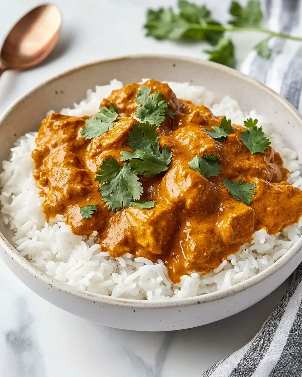 Homemade Chicken Curry, easy chicken curry recipe, comforting chicken dishes, flavorful homemade curry, weeknight chicken curry A black pan filled with bright orange curry sauce, thick and creamy in texture, with chunks of meat immersed throughout. On top of the curry, there are swirls of white cream, adding contrast and a smooth touch. Green cilantro leaves are placed on the surface, giving a fresh look. A spoon with a white and silver handle rests inside the pan at the right side. The pan sits on a dark gray cloth over a white marbled surface.