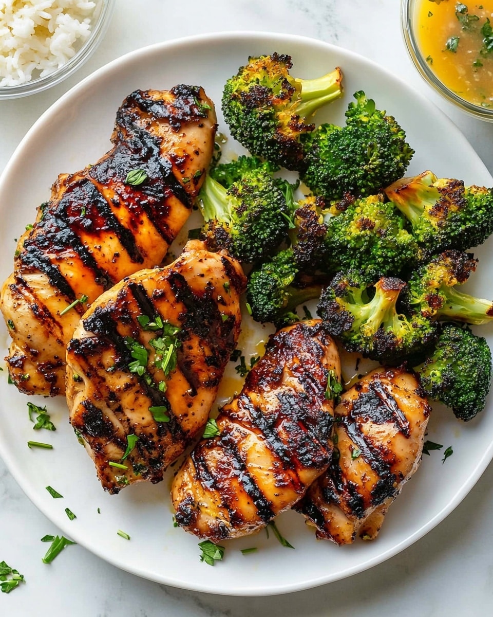 Grilled Honey Mustard Chicken and Broccoli, healthy grilled chicken and broccoli, easy summer chicken dinner, honey mustard marinade chicken, smoky grilled broccoli A white plate holds a colorful meal with two main parts. On one side, there are six thick slices of golden-brown meat with a shiny glaze, speckled with black pepper and small mustard seeds, topped lightly with chopped green herbs. On the other side, a mix of vegetables sits closely packed: bright green broccoli florets, roasted yellow potato chunks, orange carrot pieces, green asparagus stalks, and a piece of purple-red onion. The plate rests on a white marbled surface, and a silver fork is partly visible on the right side of the plate.