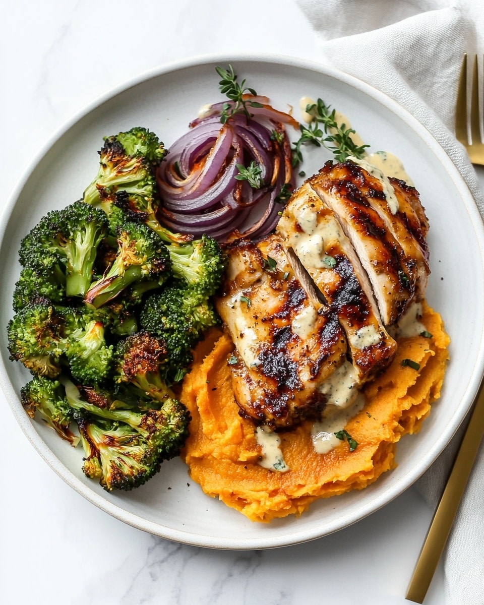 Grilled Honey Mustard Chicken and Broccoli, healthy grilled chicken and broccoli, easy summer chicken dinner, honey mustard marinade chicken, smoky grilled broccoli A white plate sits on a white marbled surface with a light cloth beneath it, holding three main layers of food; the first layer on the left side consists of roasted green broccoli florets mixed with purple onion slices, showing slight charring for a crispy texture; the middle layer has a smooth, bright orange mashed vegetable, likely sweet potato, with a light creamy sauce drizzled on top; the right layer features a grilled piece of seasoned chicken with a golden brown color, lightly charred edges, topped with a creamy sauce and small green herb leaves scattered over; a gold fork and knife rest on the plate’s edge on the right side.