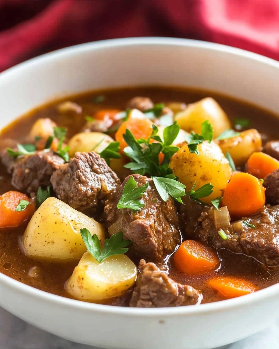 Instant Pot Beef Stew, hearty beef stew in Instant Pot, quick beef stew recipe, easy pressure cooker beef stew, comforting beef stew A white bowl filled with a rich beef stew showing four main layers: chunks of tender brown beef, thick soft yellow potato pieces, diced orange carrots, all mixed in a thick brown broth, topped with fresh green parsley leaves scattered on top. The bowl sits on a white marbled surface with a red cloth blurred in the background. The stew looks warm and comforting with a variety of textures and colors that stand out clearly.