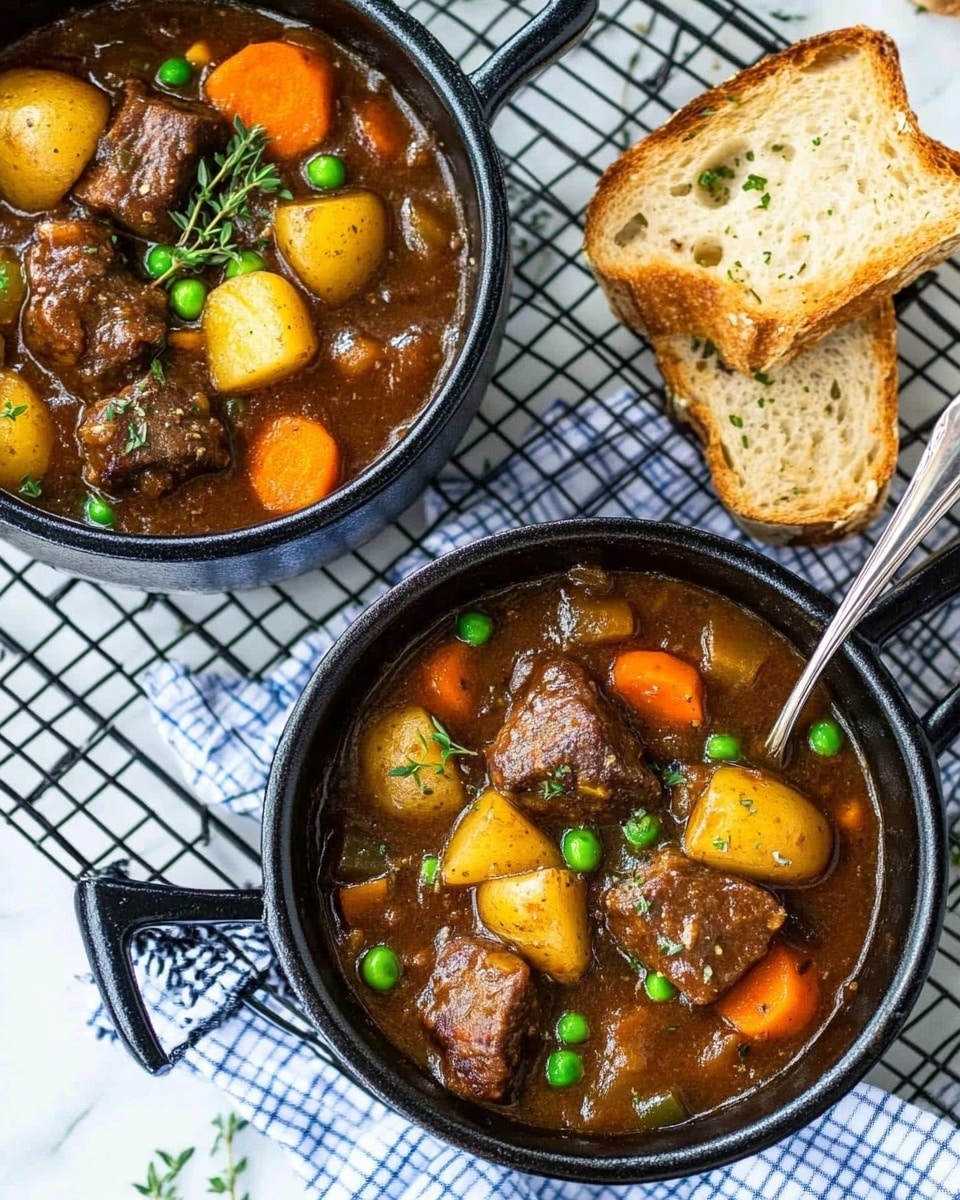 Instant Pot Beef Stew, hearty beef stew in Instant Pot, quick beef stew recipe, easy pressure cooker beef stew, comforting beef stew Two black cast iron pots sit on a black wire rack over a white marbled surface with a blue and white checkered cloth nearby. Each pot holds a rich brown stew with visible chunks of tender dark brown meat, bright orange carrot pieces, golden potato cubes, and small green peas scattered throughout. Fresh green thyme leaves are sprinkled on top. A silver spoon rests inside the nearer pot. There are two pieces of golden toasted bread with herb sprinkles placed on the rack next to the pots, and small torn pieces of bread are scattered around.