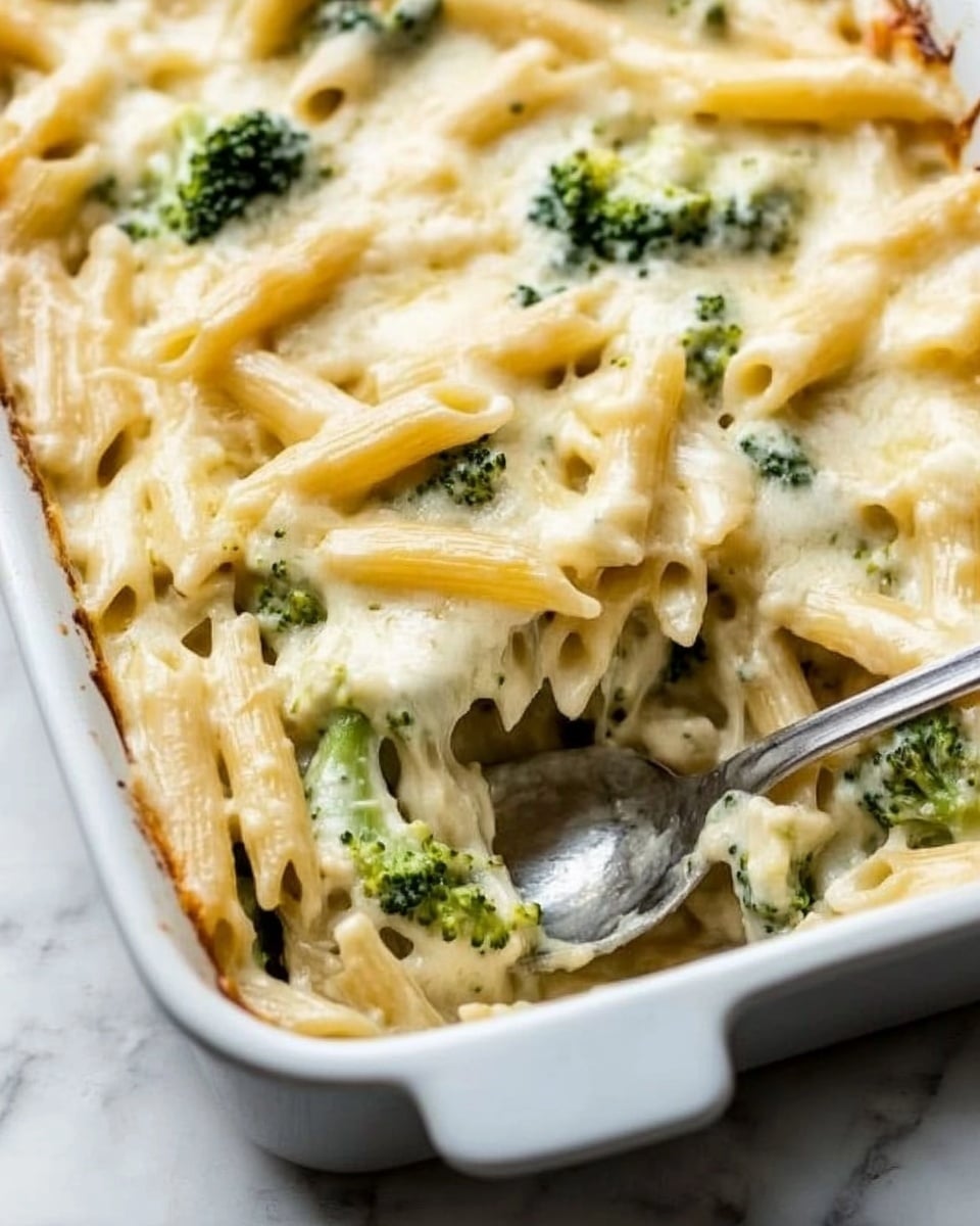 Irresistible Chicken and Broccoli Alfredo Bake, chicken broccoli alfredo casserole, cheesy chicken pasta bake, healthy chicken bake with broccoli, easy comfort food dinner The image shows a white rectangular baking dish filled with a creamy pasta bake. The top layer is a thick, melted white cheese with a smooth and slightly bubbly texture. Underneath, there is a mix of pale yellow penne pasta and green broccoli pieces spread evenly. A silver spoon is scooping some of the pasta from the bottom left corner, revealing more pasta and broccoli covered in the creamy sauce. The dish is placed on a white marbled surface.
