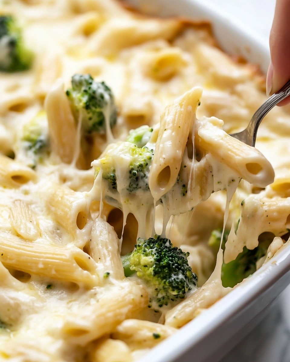 Irresistible Chicken and Broccoli Alfredo Bake, chicken broccoli alfredo casserole, cheesy chicken pasta bake, healthy chicken bake with broccoli, easy comfort food dinner A white bowl filled with creamy pasta and broccoli sits on a white marbled surface. The dish has three main layers: at the bottom, light golden pasta pieces with a smooth texture; on top, bright green broccoli pieces that look soft but still firm; and a creamy white sauce that spreads evenly over the pasta and broccoli, with small specks of black pepper sprinkled across. The sauce looks rich and slightly shiny.