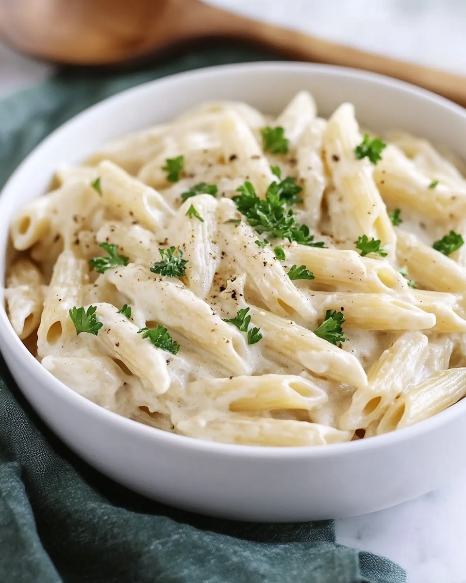 White Sauce Penne Pasta, creamy pasta recipes, easy penne pasta dish, quick dinner recipes, comfort food pasta A close-up view of a creamy pasta dish in a white bowl, showing many pieces of penne pasta coated in a thick, smooth white sauce. The sauce looks rich and creamy, covering each pasta piece fully. Small, fresh green parsley leaves are scattered on top evenly, adding a bright contrast to the white sauce. A light sprinkle of black pepper is visible across the dish, offering tiny dark specks on the creamy surface. The background is a white marbled texture.