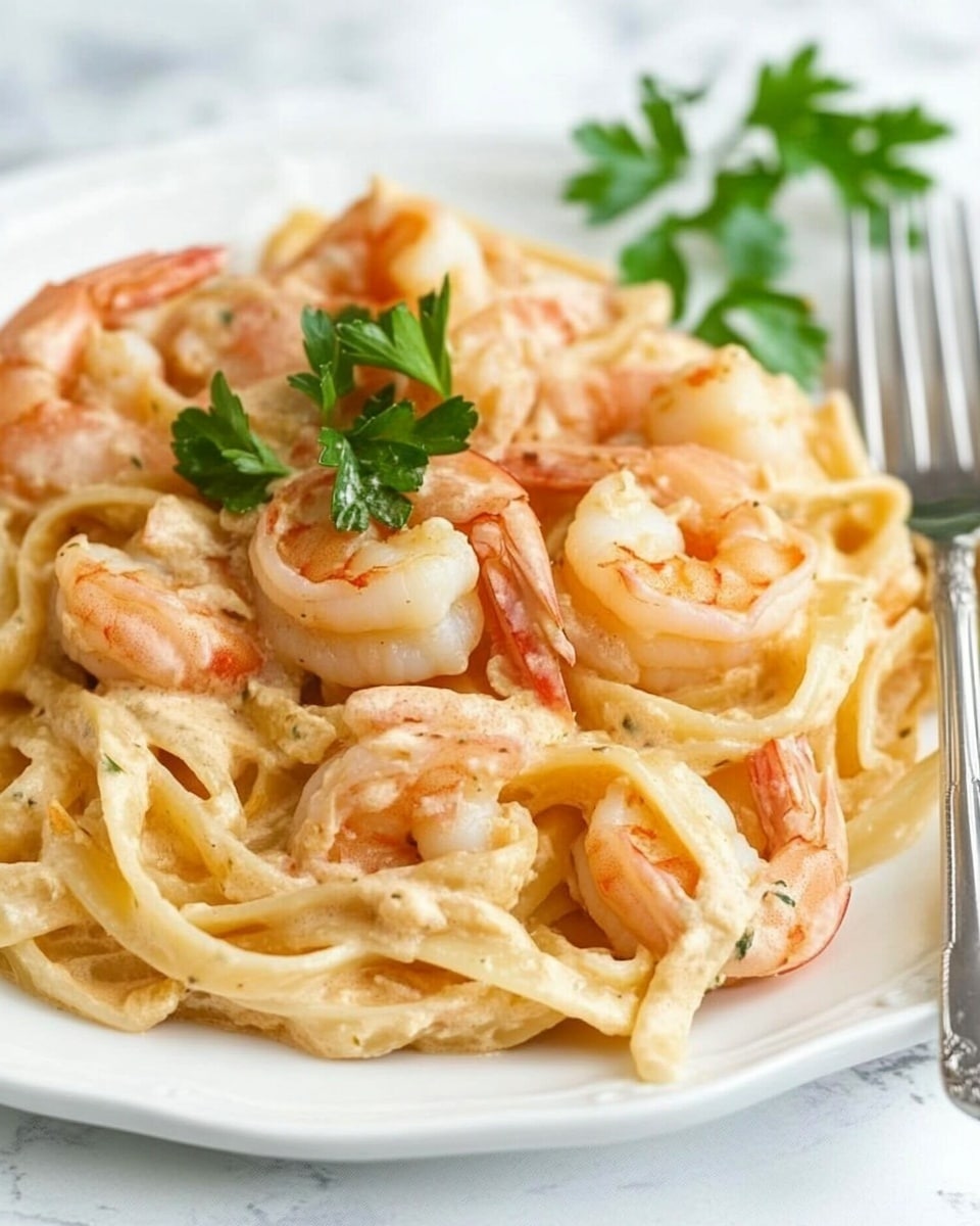 Shrimp Fettuccine Alfredo, creamy seafood pasta, easy shrimp pasta, quick seafood dinner, restaurant-style shrimp Alfredo A white plate holds a serving of fettuccine pasta covered in a creamy white sauce. On top of the pasta are several cooked shrimp with a light pink and orange color. Small green parsley leaves are scattered on the shrimp and pasta, adding contrast. A silver fork rests on the right side of the plate. The plate is placed on a white marbled surface.