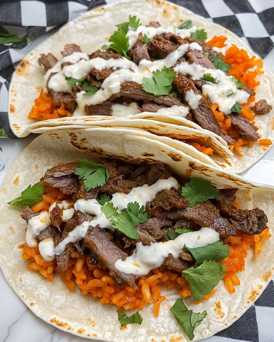 Cheesy Steak & Rice, easy steak and rice dinner, quick weeknight steak recipes, cheesy beef and rice skillet, flavorful steak rice bowl Two soft white tortillas are placed on a white marbled surface with a black and white checkered cloth underneath. Each tortilla has a base layer of orange-colored rice, topped with a layer of cooked, slightly brown beef strips. Fresh green cilantro leaves are scattered on top, along with white sauce drizzles and some reddish-brown sauce on one of the tortillas. One tortilla is folded partly over the filling, while the other is open, showing all its layers clearly.