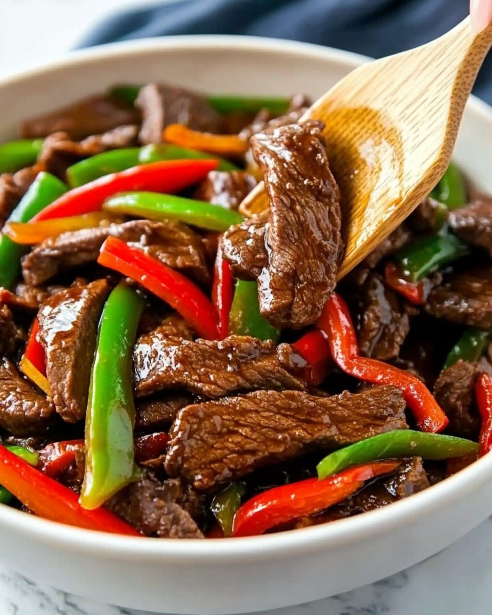 Pepper Steak with Bell Peppers and Rich Tomato Sauce, beef stir-fry with peppers, easy steak dinner, flavorful tomato sauce recipes, weeknight beef recipes The image shows a white bowl filled with white rice as the bottom layer. On top of the rice, there are dark brown strips of cooked beef mixed with bright green beans, red and green bell pepper slices. The beef looks shiny and coated with sauce, and the vegetables look fresh and slightly cooked. The bowl is placed on a white marbled surface with a blue and white cloth blurred in the background.