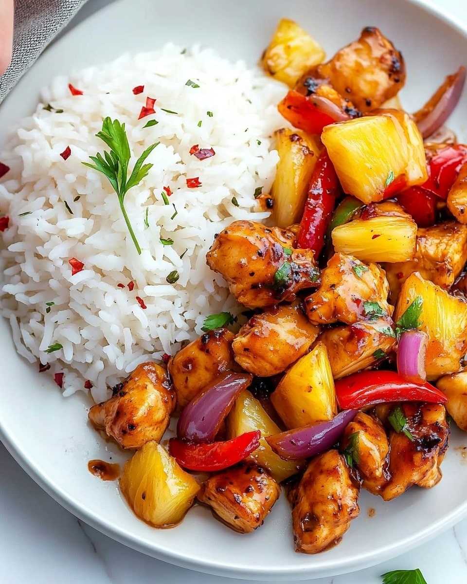 Hawaiian Chicken Sheet Pan Meal, Hawaiian chicken dinner, easy sheet pan recipes, tropical chicken dish, quick weeknight dinner A white plate on a white marbled surface holds two sections: one side has a mound of white rice with small green herb pieces and red chili flakes on top; the other side has a colorful mix of golden-brown cooked chicken pieces, bright yellow pineapple chunks, red bell pepper slices, and thin purple onion strips, all coated in a shiny sauce with visible pepper flakes. A woman's hand with a sprig of green herb is seen near the plate.
