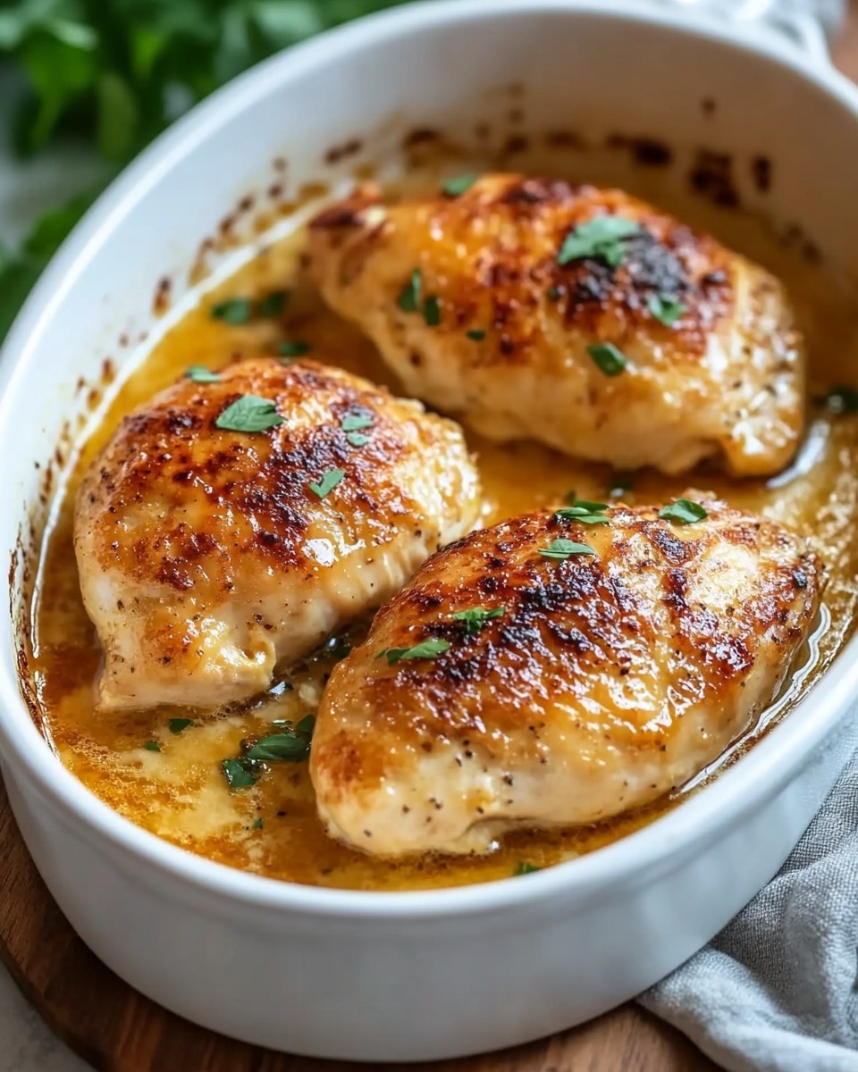Melt In Your Mouth Chicken Breast, juicy chicken breasts, tender chicken recipes, cheesy chicken dishes, easy chicken dinner ideas A white oval dish holds three golden brown baked chicken pieces arranged in a row, each with a slightly crispy surface and small green herb sprinkles on top. The chicken sits in a light brown creamy sauce that covers the bottom of the dish, with some sauce splashes on the side edges. The dish is placed on a wooden board, and some blurred green leaves and a gray cloth can be seen in the background over a white marbled surface.